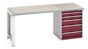 41004112.** Bott Cubio Pedestal Bench with Lino Top & 5 Drawers - 2000mm Wide  x 900mm Deep x 840mm High. Workbench consists of the following components...